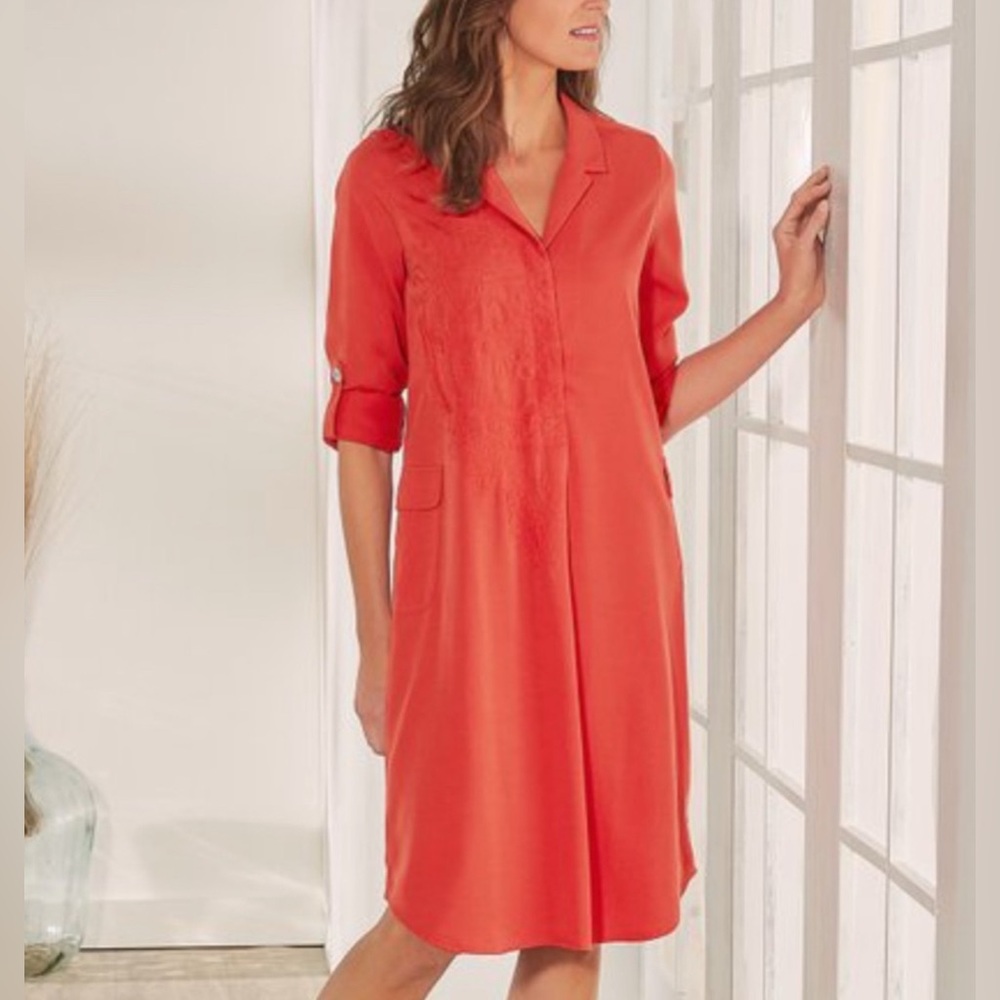 NEW SOFT SURROUNDINGS EMBROIDERED SALMON POPOVER SHIFT‎ DRESS LARGE Career Soft